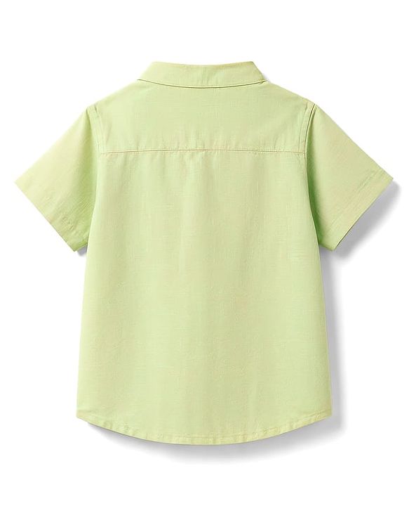 Babyhug Cotton Woven Half Sleeves Solid Colour Kurta Style Shirt & Denim Shorts Set - Light Green & Navy
