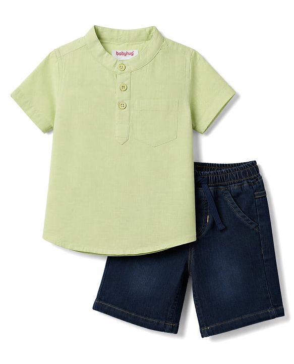Babyhug Cotton Woven Half Sleeves Solid Colour Kurta Style Shirt & Denim Shorts Set - Light Green & Navy