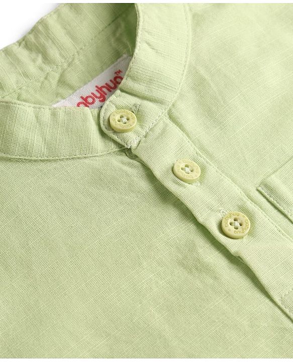 Babyhug Cotton Woven Half Sleeves Solid Colour Kurta Style Shirt & Denim Shorts Set - Light Green & Navy