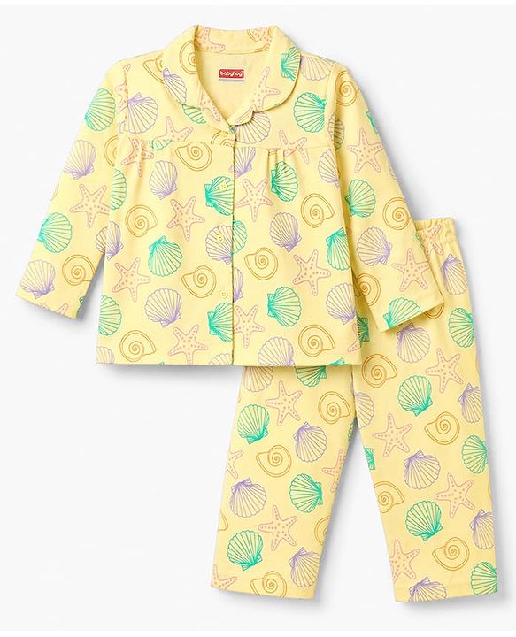Babyhug Cotton Knit Full Sleeves Shirt & Pyjama Night Suit with Starfish Print - Yellow