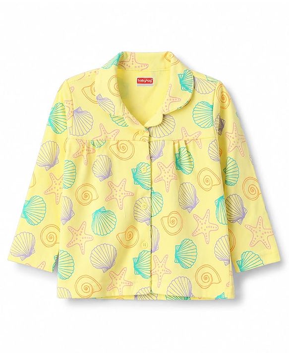 Babyhug Cotton Knit Full Sleeves Shirt & Pyjama Night Suit with Starfish Print - Yellow