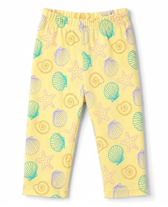 Babyhug Cotton Knit Full Sleeves Shirt & Pyjama Night Suit with Starfish Print - Yellow