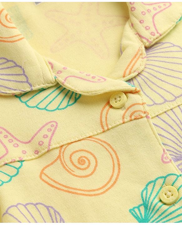 Babyhug Cotton Knit Full Sleeves Shirt & Pyjama Night Suit with Starfish Print - Yellow