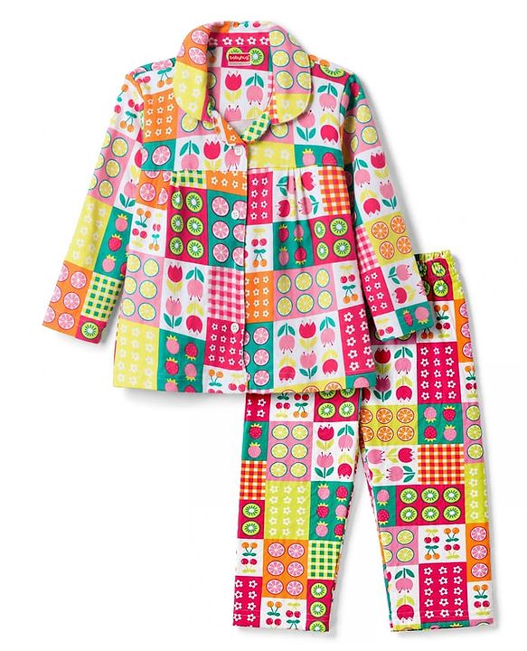 Babyhug 100% Cotton Knit Full Sleeves Shirt & Pyjama Night Suit with Floral Print - Pink & Yellow