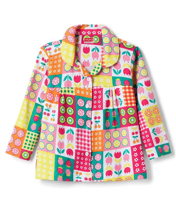 Babyhug 100% Cotton Knit Full Sleeves Shirt & Pyjama Night Suit with Floral Print - Pink & Yellow