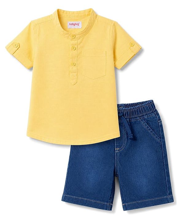 Babyhug Cotton Woven Half Sleeves Shirt & Denim Shorts Set - Yellow
