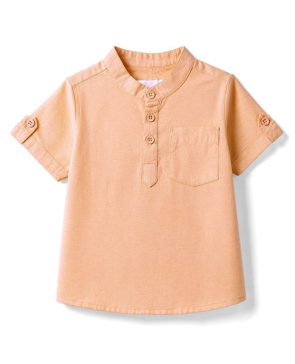 Babyhug Cotton Woven Half Sleeves Solid Color Shirt & Denim Shorts Set - Peach & Blue