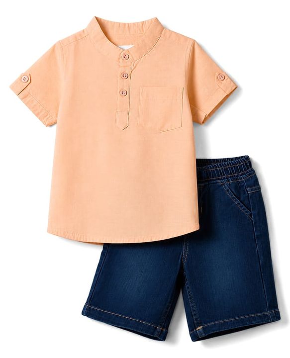 Babyhug Cotton Woven Half Sleeves Solid Color Shirt & Denim Shorts Set - Peach & Blue