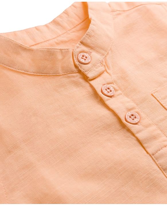 Babyhug Cotton Woven Half Sleeves Solid Color Shirt & Denim Shorts Set - Peach & Blue