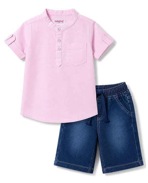 Babyhug Cotton Woven Half Sleeves Shirt & Denim Shorts Set - Pink