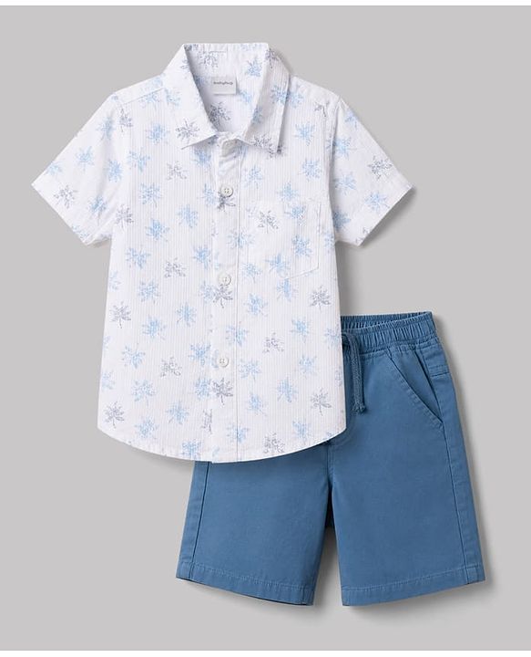 Babyhug 100% Cotton Woven Half Sleeves Shirt & Shorts Set With Floral Print - White