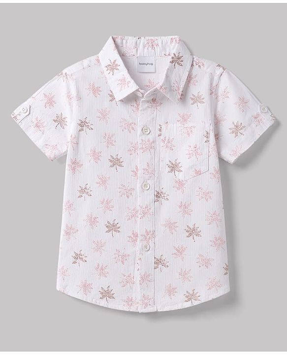 Babyhug 100% Cotton Woven Half Sleeves Tropical Theme Printed Shirt & Shorts Set - White & Dark Peach