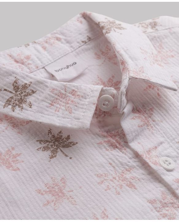 Babyhug 100% Cotton Woven Half Sleeves Tropical Theme Printed Shirt & Shorts Set - White & Dark Peach
