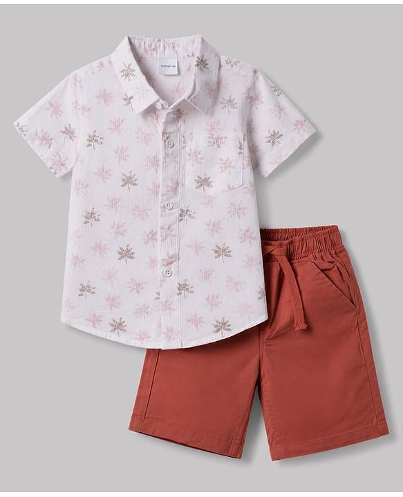 Babyhug 100% Cotton Woven Half Sleeves Tropical Theme Printed Shirt & Shorts Set - White & Dark Peach