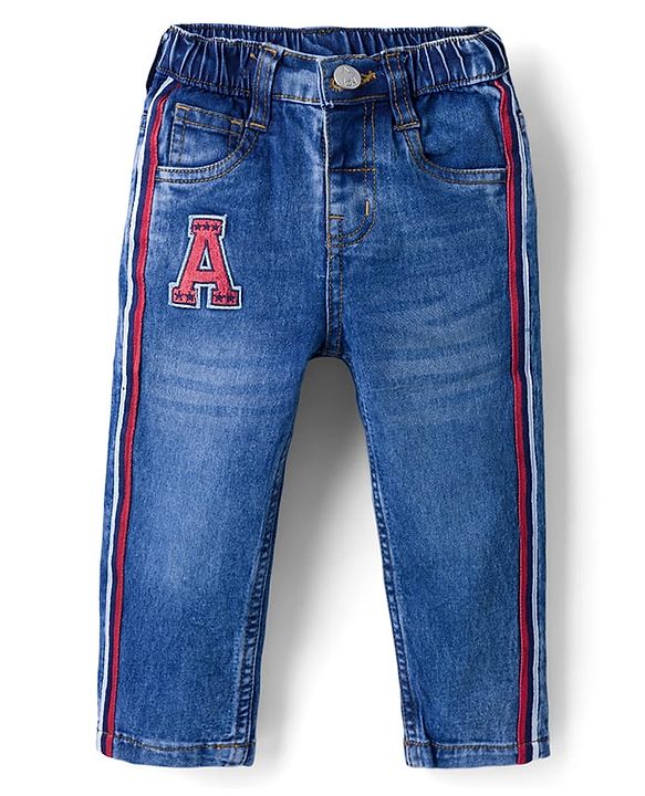 Babyhug Denim Full Length Washed Jeans with Stretch & Text Patch- Blue