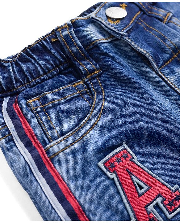 Babyhug Denim Full Length Washed Jeans with Stretch & Text Patch- Blue