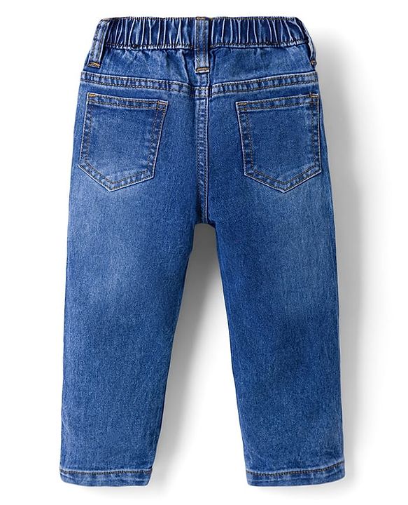 Babyhug Denim Full Length Washed Jeans with Stretch & Text Patch- Blue