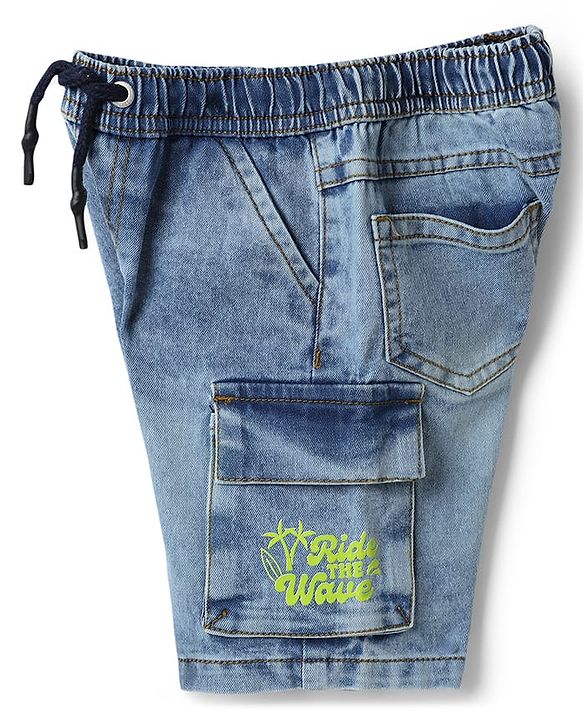 Babyhug Cotton Lycra Denim Mid Thigh Beach Theme Printed Washed Shorts With Cargo Pockets & Stretch - Blue