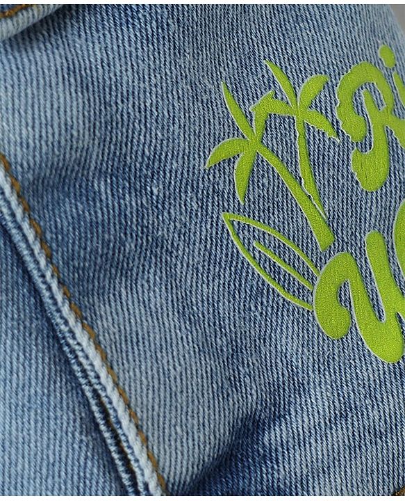 Babyhug Cotton Lycra Denim Mid Thigh Beach Theme Printed Washed Shorts With Cargo Pockets & Stretch - Blue