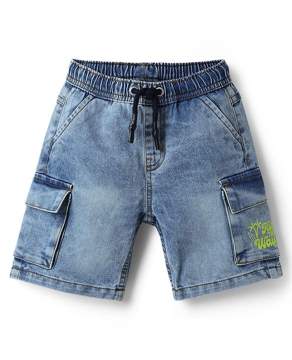 Babyhug Cotton Lycra Denim Mid Thigh Beach Theme Printed Washed Shorts With Cargo Pockets & Stretch - Blue