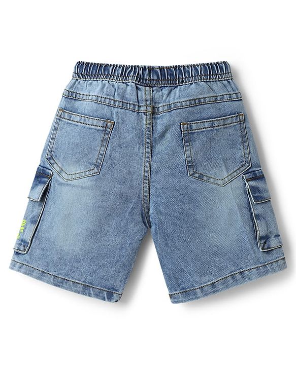 Babyhug Cotton Lycra Denim Mid Thigh Beach Theme Printed Washed Shorts With Cargo Pockets & Stretch - Blue