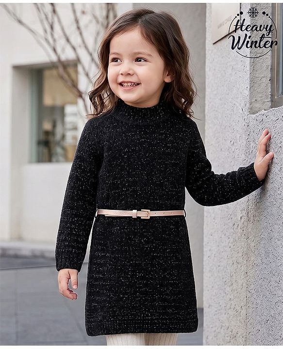 Babyhug Knit Full Sleeves Solid Colour Turtle Neck Sweater Dress with Belt- Black