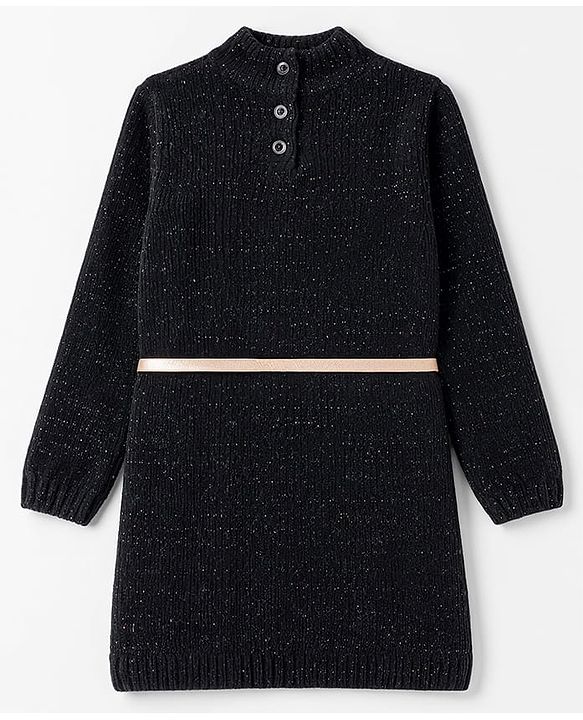 Babyhug Knit Full Sleeves Solid Colour Turtle Neck Sweater Dress with Belt- Black