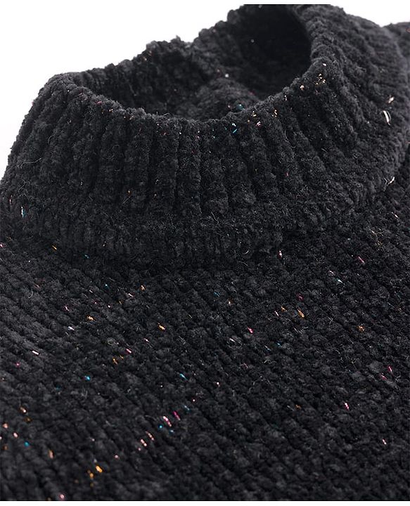 Babyhug Knit Full Sleeves Solid Colour Turtle Neck Sweater Dress with Belt- Black