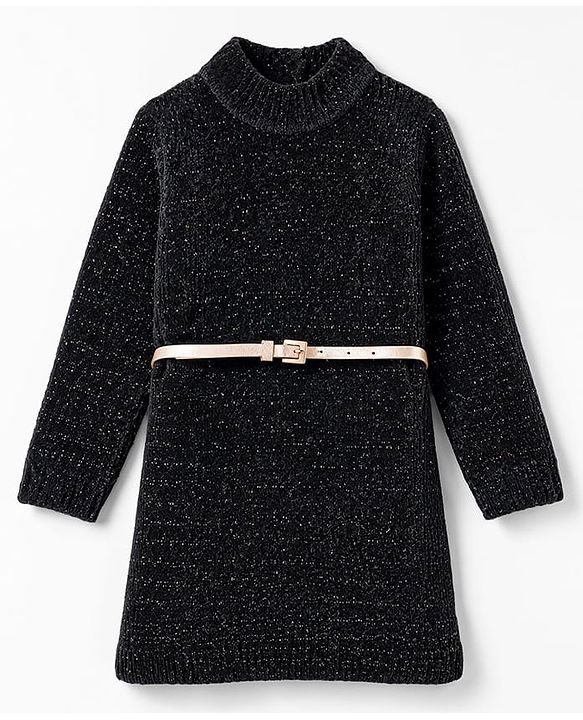 Babyhug Knit Full Sleeves Solid Colour Turtle Neck Sweater Dress with Belt- Black