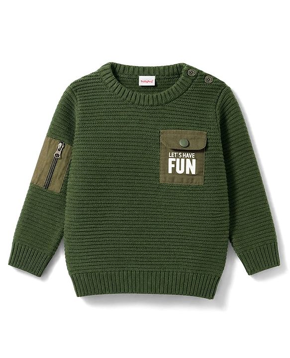 Babyhug Knit Full Sleeves Text Printed Pullover Sweater - Olive Green