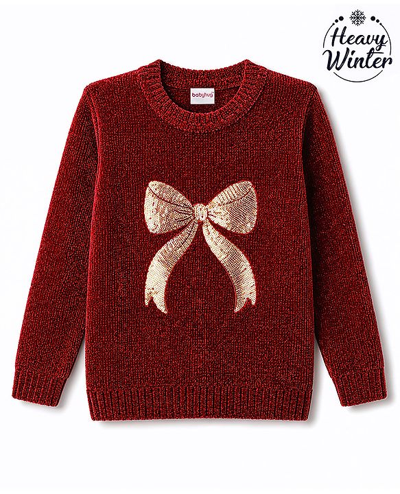 Babyhug Knit Full Sleeves Pullover With Glitter Bow Design - Maroon