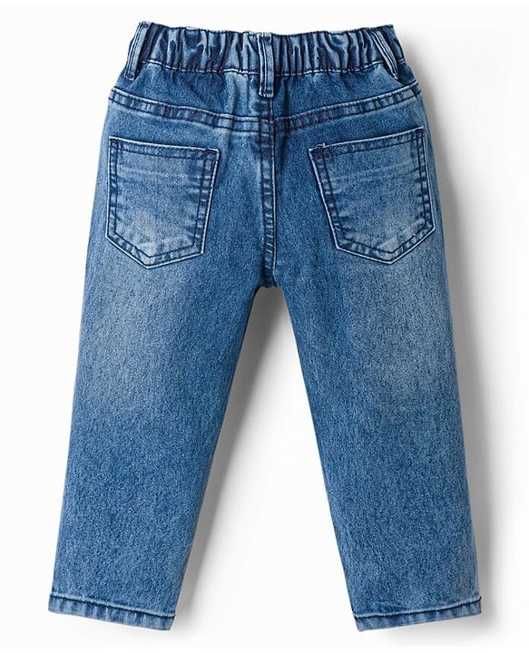 Babyhug Cotton Lycra Full Length Washed Denim Jeans With Number Embroidery - Blue