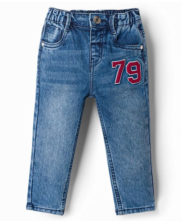 Babyhug Cotton Lycra Full Length Washed Denim Jeans With Number Embroidery - Blue