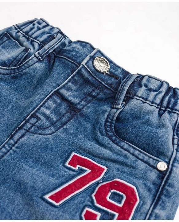 Babyhug Cotton Lycra Full Length Washed Denim Jeans With Number Embroidery - Blue