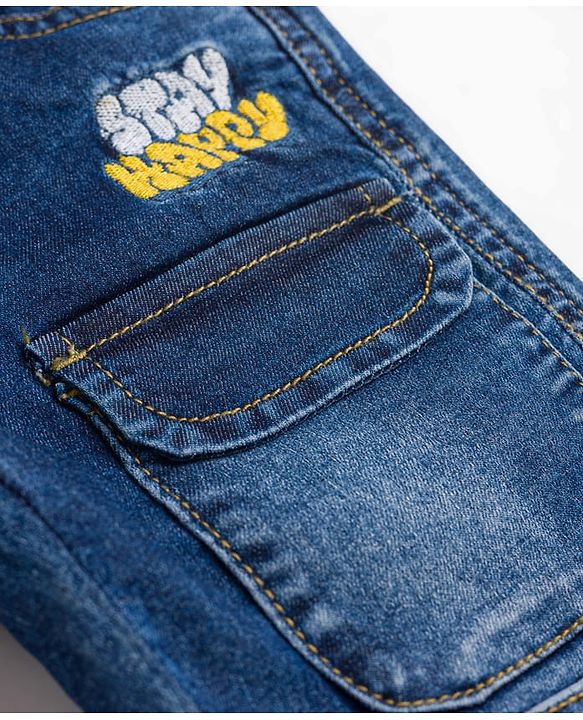 Babyhug Cotton Lycra Full Length Washed Denim Jeans with Text Embroidery & Stretch - Navy Blue
