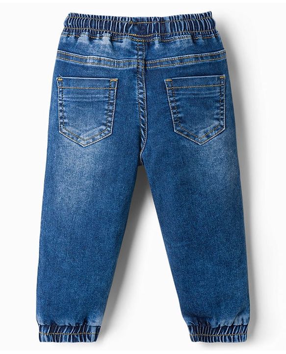 Babyhug Cotton Lycra Full Length Washed Denim Jeans with Text Embroidery & Stretch - Navy Blue