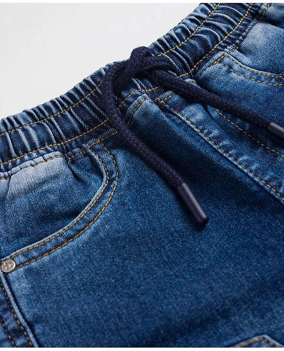 Babyhug Cotton Lycra Full Length Washed Denim Jeans with Text Embroidery & Stretch - Navy Blue
