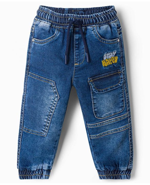 Babyhug Cotton Lycra Full Length Washed Denim Jeans with Text Embroidery & Stretch - Navy Blue