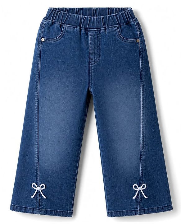 Babyhug Cotton Lycra Denim Full Length Washed Jeans With Stretch & Bow Applique - Navy Blue