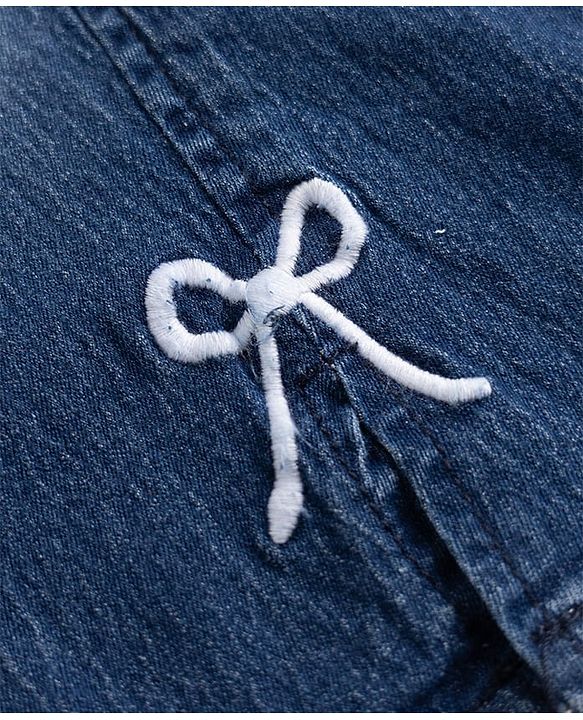 Babyhug Cotton Lycra Denim Full Length Washed Jeans With Stretch & Bow Applique - Navy Blue
