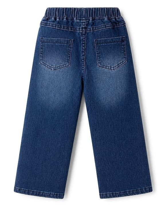 Babyhug Cotton Lycra Denim Full Length Washed Jeans With Stretch & Bow Applique - Navy Blue