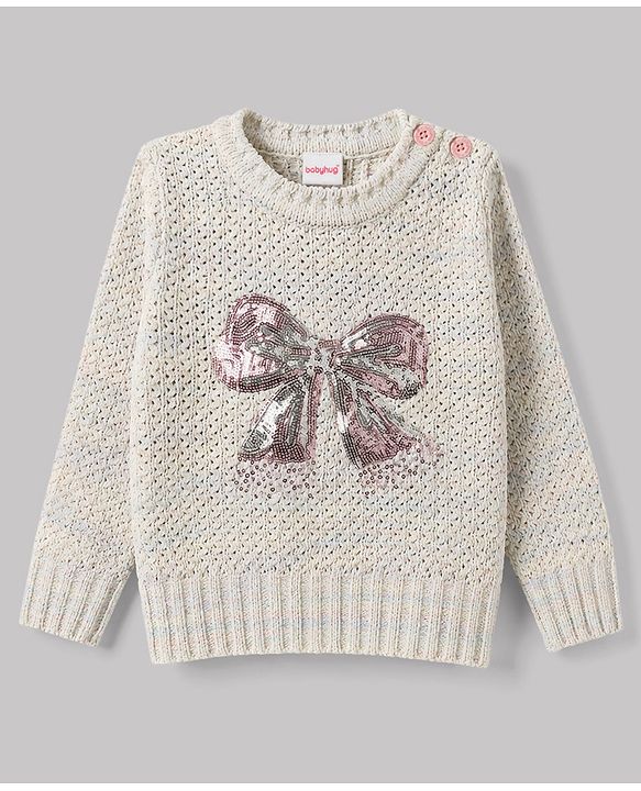 Babyhug Knit Full Sleeves Bow Sequinned Pullover Sweater - Light Pink