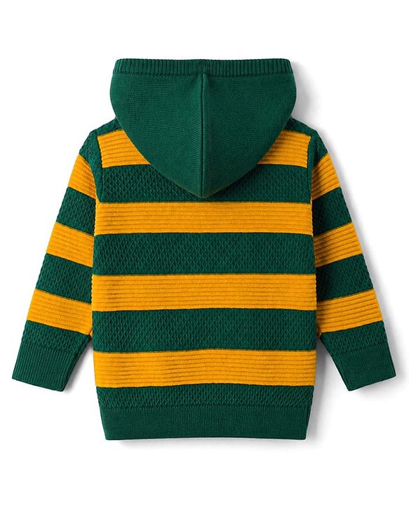 Babyhug Knit Striped Hooded Sweater with Kangaroo Pocket - Green
