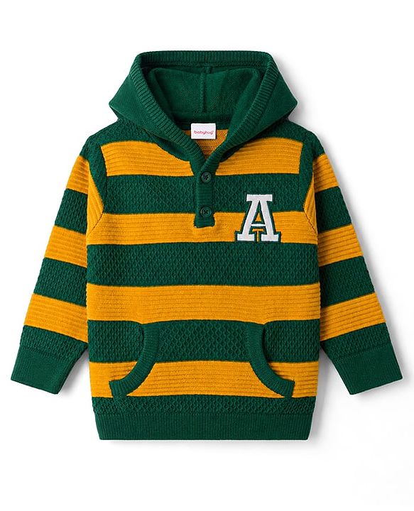 Babyhug Knit Striped Hooded Sweater with Kangaroo Pocket - Green