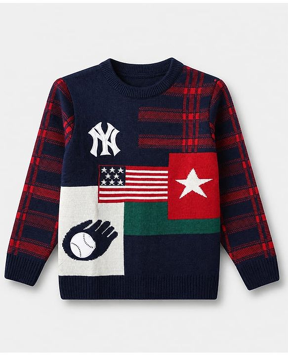 Pine Kids Knit Pullover with Full Sleeves and Flag Embroidery - Blue