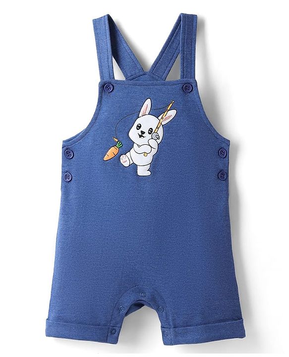 Babyhug Single Jersey Knit Dungaree Style Romper & Half Sleeve T-Shirt With Bunny Print - Orange & Blue