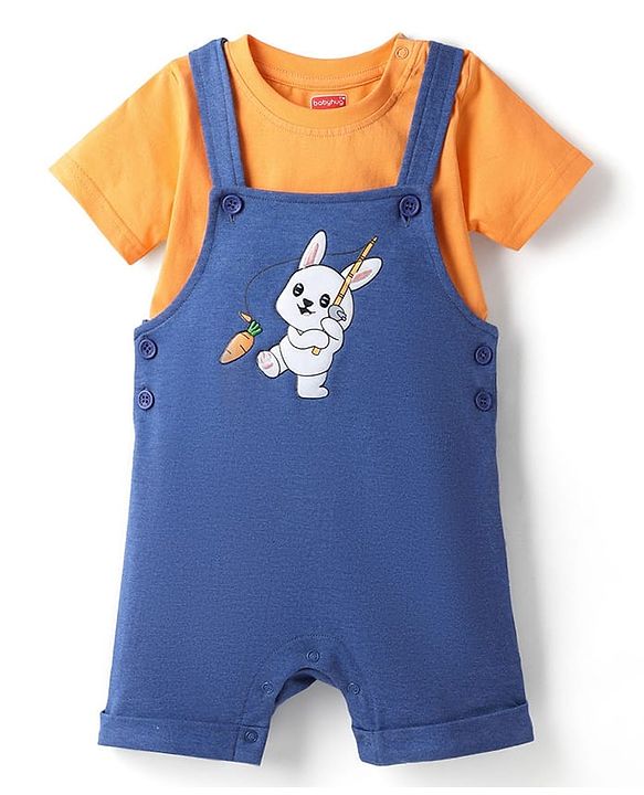Babyhug Single Jersey Knit Dungaree Style Romper & Half Sleeve T-Shirt With Bunny Print - Orange & Blue
