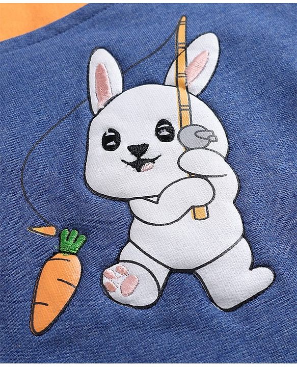 Babyhug Single Jersey Knit Dungaree Style Romper & Half Sleeve T-Shirt With Bunny Print - Orange & Blue