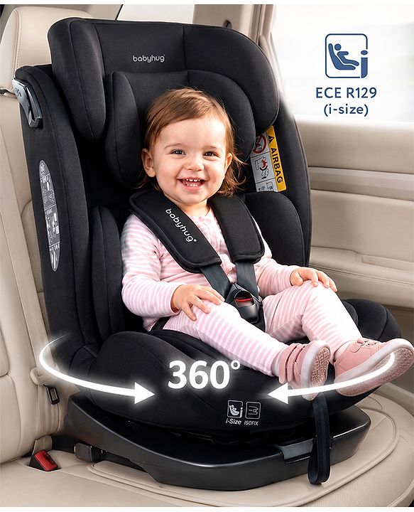 Babyhug Convertible 2 in 1 Car Seat with Isofix & Non Isofix, 360° Rotatable Seat - Grey| R129 Certified| i-Size Compliant| Rear & Forward Facing| Newborn to 12 Years| Reclining Seat| Cushion Seat