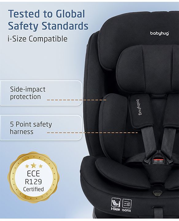 Babyhug Convertible 2 in 1 Car Seat with Isofix & Non Isofix, 360° Rotatable Seat - Grey| R129 Certified| i-Size Compliant| Rear & Forward Facing| Newborn to 12 Years| Reclining Seat| Cushion Seat